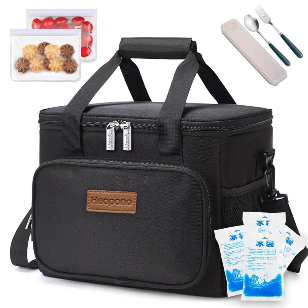 Bolsa de Almuerzo,Nevera Portatil para Alimentos Frutas,Tela Oxford Prueba de Goteo,Con cubiertos,4 bolsas de hielo y 2 bolsas de aperitivos,Genial para Playa,Picnic,Camping,para hombre y mujer - Negro