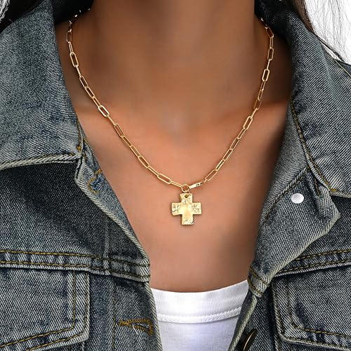 FAXHION Chunky Cross Necklace for Women, Gold Toggle Chain Statement Necklace with Hammered Cross Pendant, Vintage Chunky Necklace Jewelry Gift for Women — view 4