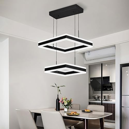 Candelabro moderno negro para vestíbulo de techo, 65 W, regulable, luz colgante LED, lámpara de comedor, 2 anillos, lámpara cuadrada para cocina,