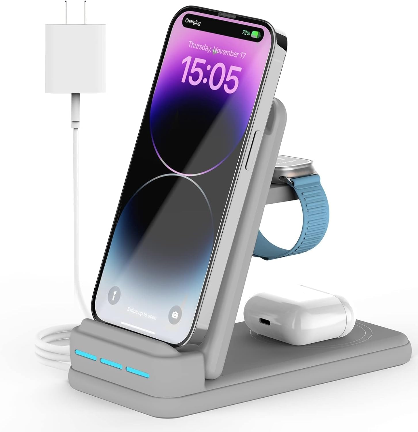 DNTGVUP 3-in-1 Wireless Charging Station in grey, charging an iPhone, Apple Watch, and AirPods simultaneously.