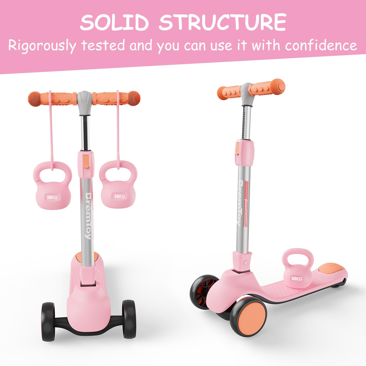 BremToy Trottinette pour Enfants 2-10 Ans, 4 Hauteur Réglable, 3 Roues LED élégantes, Trottinette Pliante, Charge Maximale 50 kg, Cadeau pour Enfants