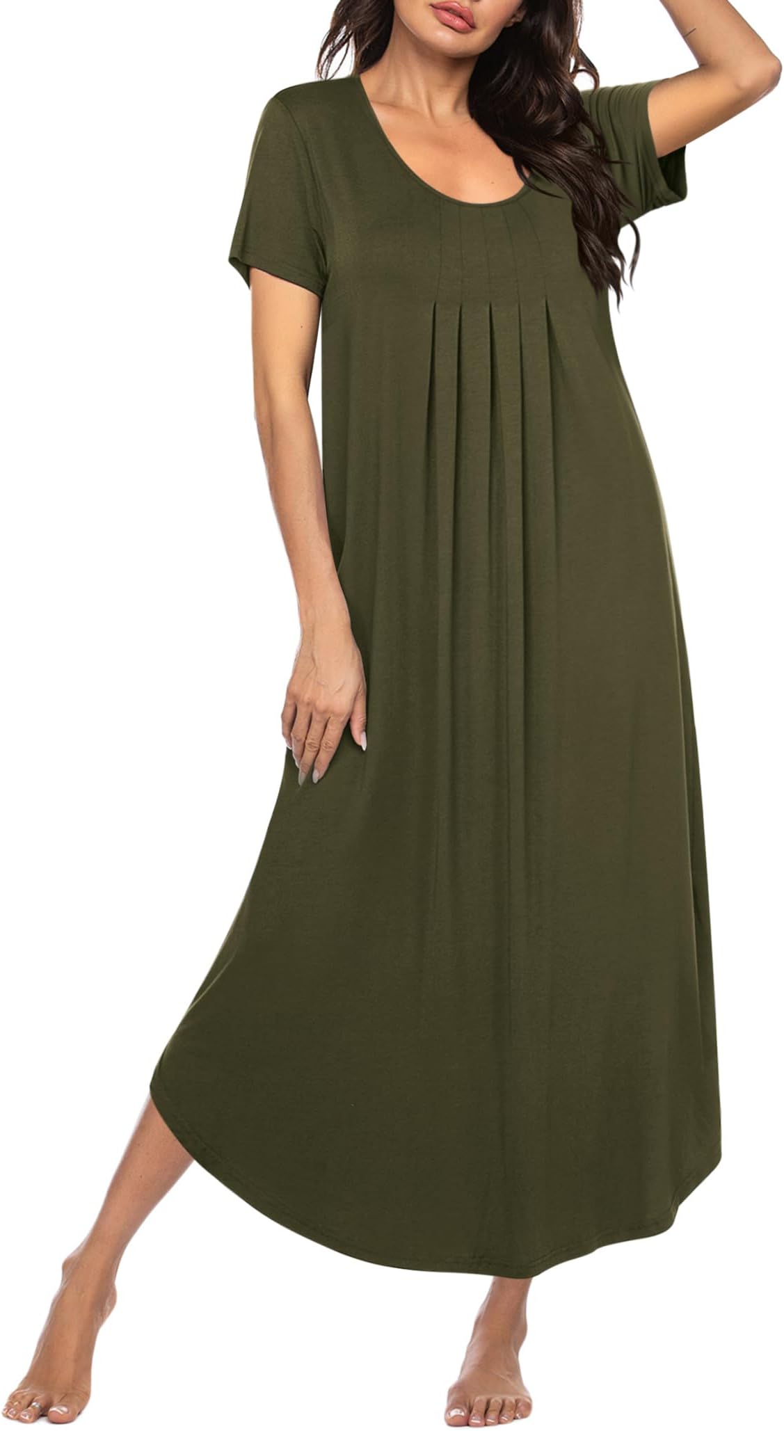 EkouaerLong Nightgowns for Women House Dress Plus Size Sleepwear Pleated Full Length Loungwear S-4XL