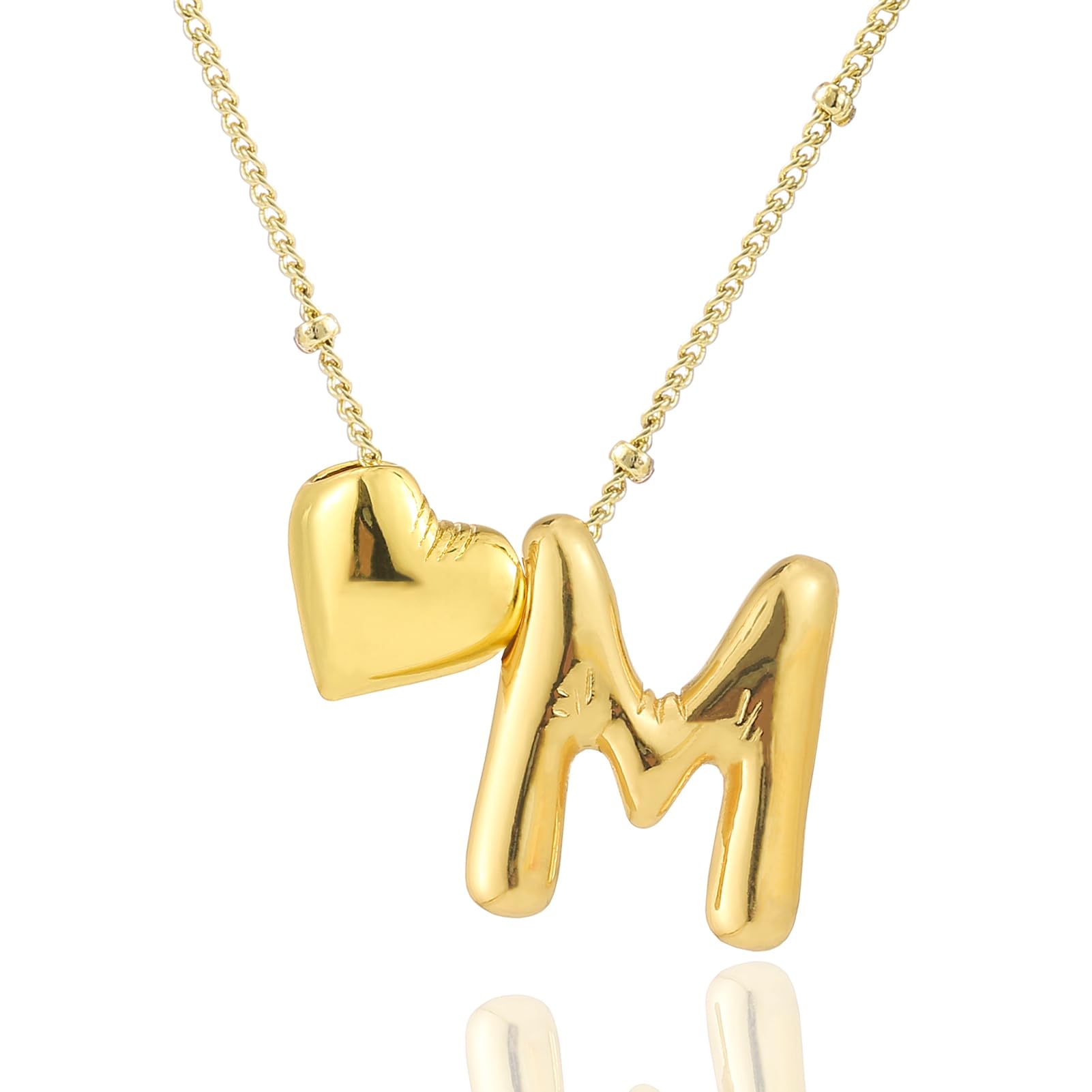 CCINPPY Heart Letter Necklace, 14k Gold Plated Initial Dainty Necklace for Women, Chunky Bubble Balloon Charm Pendant Name Personalized Jewelry Gift