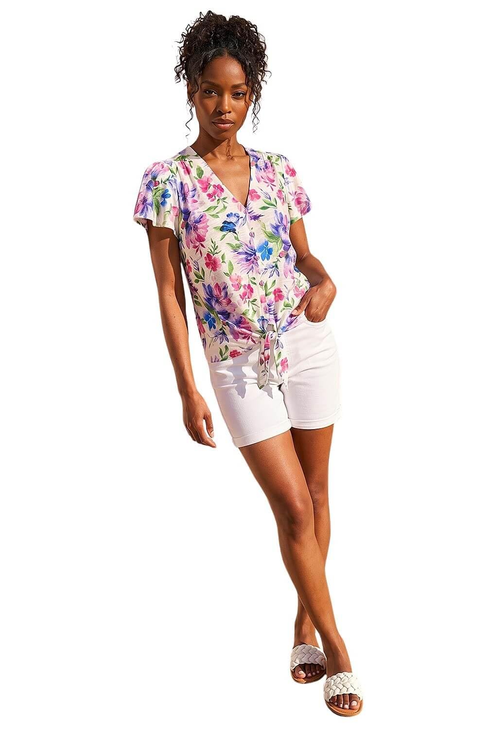 Roman Women's White Floral Print Tie Front Top In | : Size 18