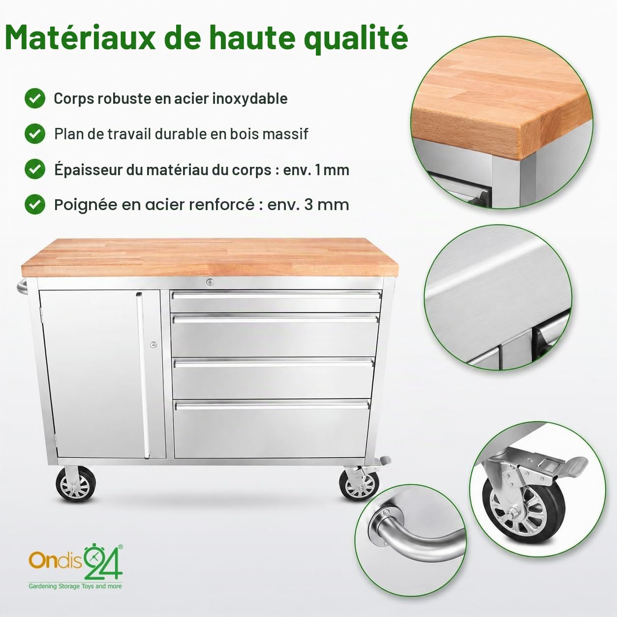 Ondis24 Chariot d'atelier en acier inoxydable avec 4 tiroirs à roulement facile et plan de travail en bois massif XL - Roulettes pivotantes - Gris - 130 x 49 x 92 cm
