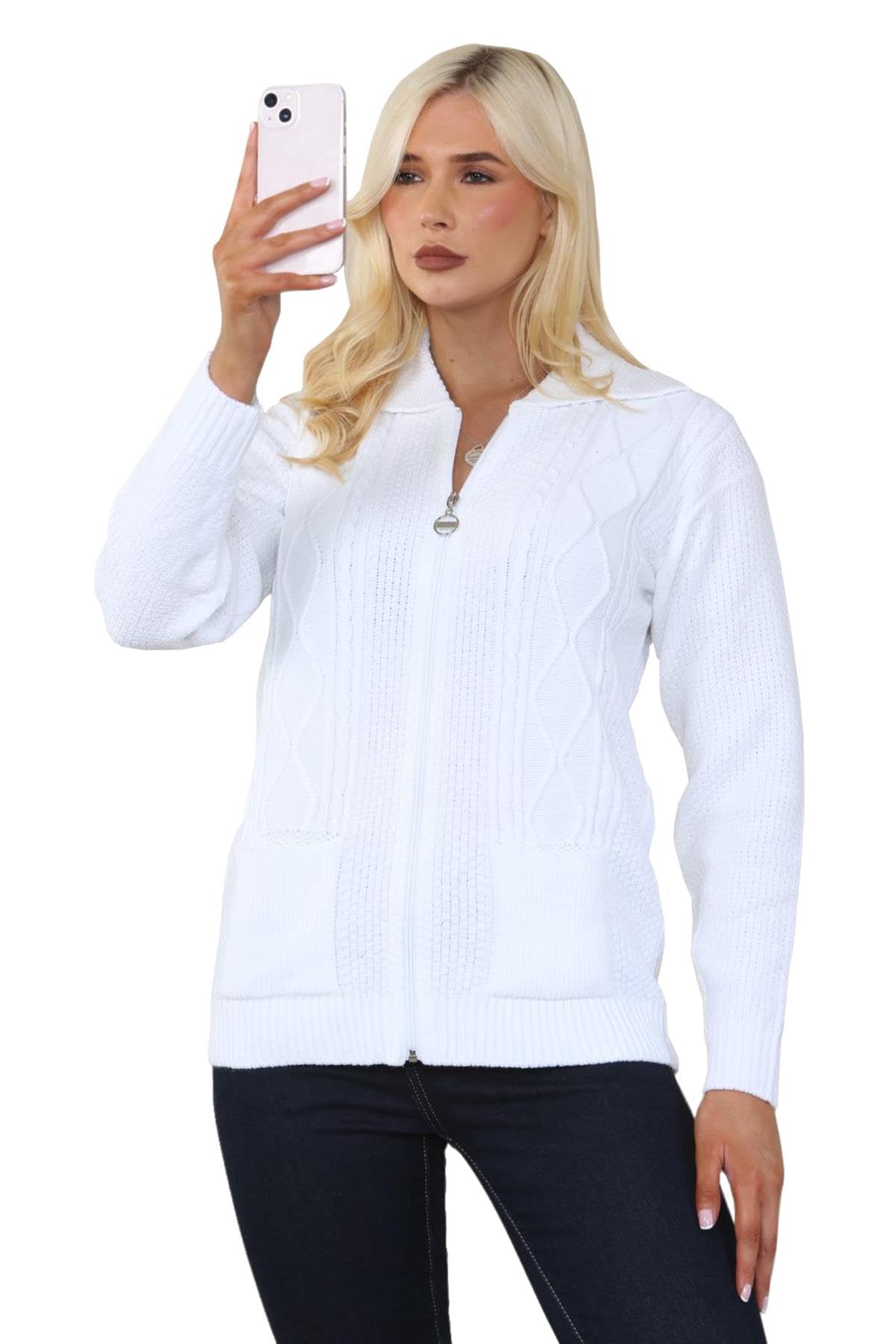 Wickedfashions123 Women's White ’S Cable Knitted Collared Sweater Front Pocketed Cardigan Long Sleeves Winter Wear Zipper Cardigan Classy Knitwear Plus Size Sweater Uk 12-14