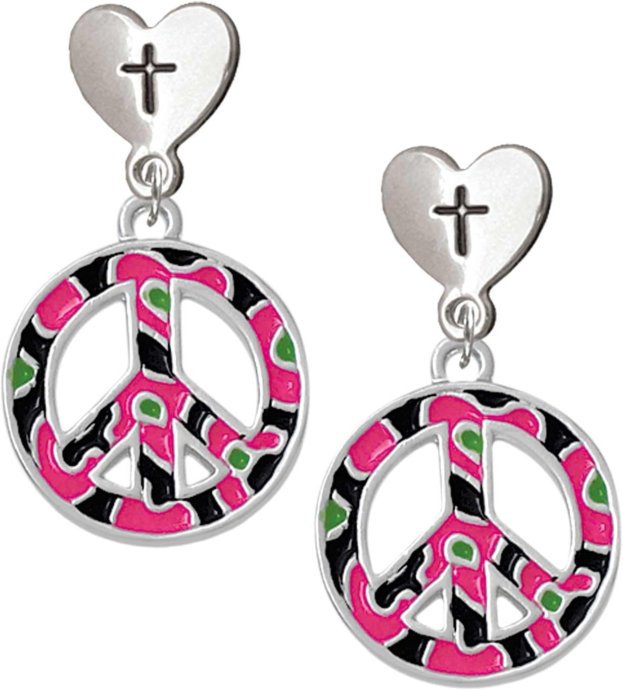 Delight Jewelry Silvertone Large Enamel Cheetah Print Peace Sign Cross in Heart Post Dangle Earrings