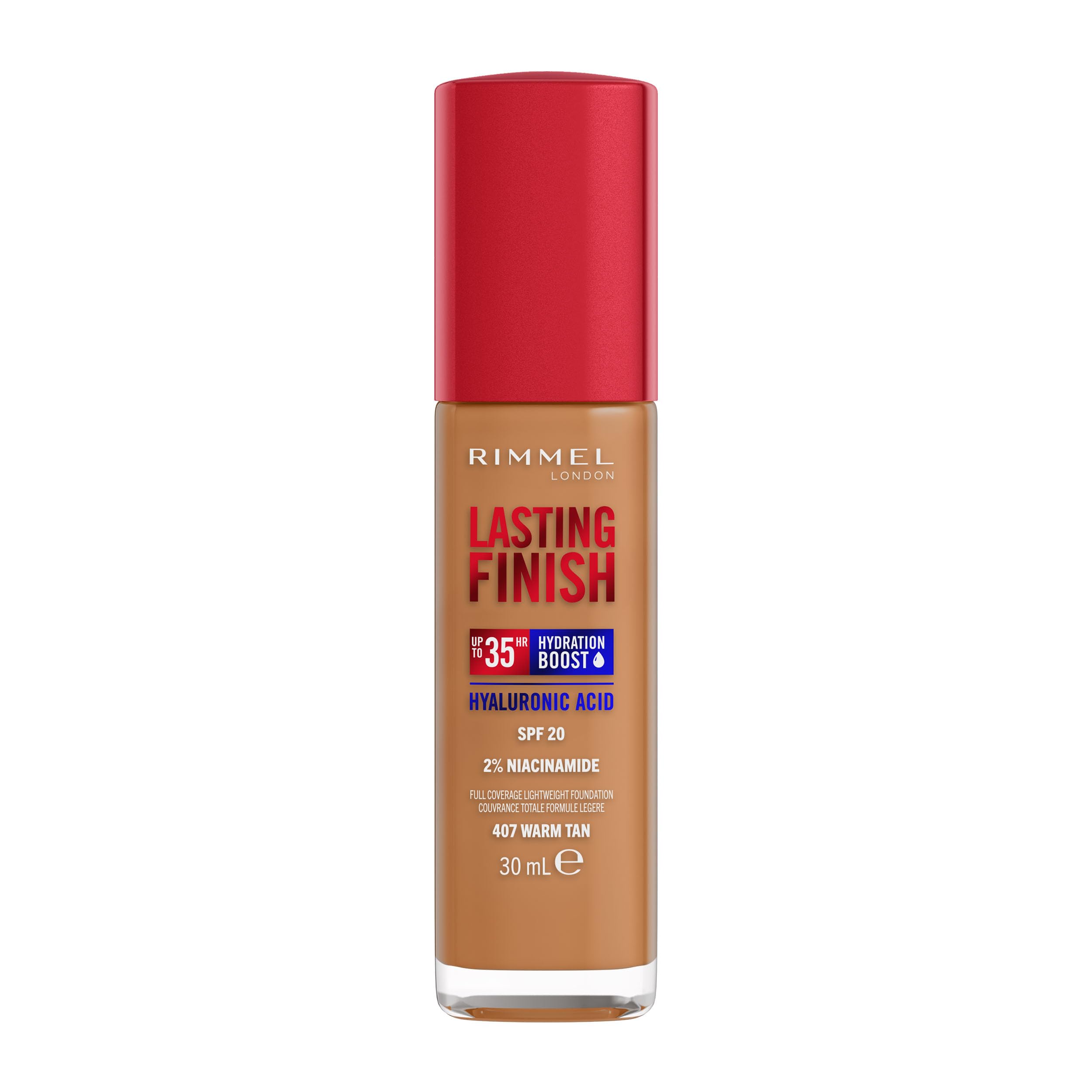 Rimmel Lasting Finish 35Hr Foundation 407 Warm Tan, Full Coverage, Hydrating, SPF20, Hyaluronic Acid, Vitamin E