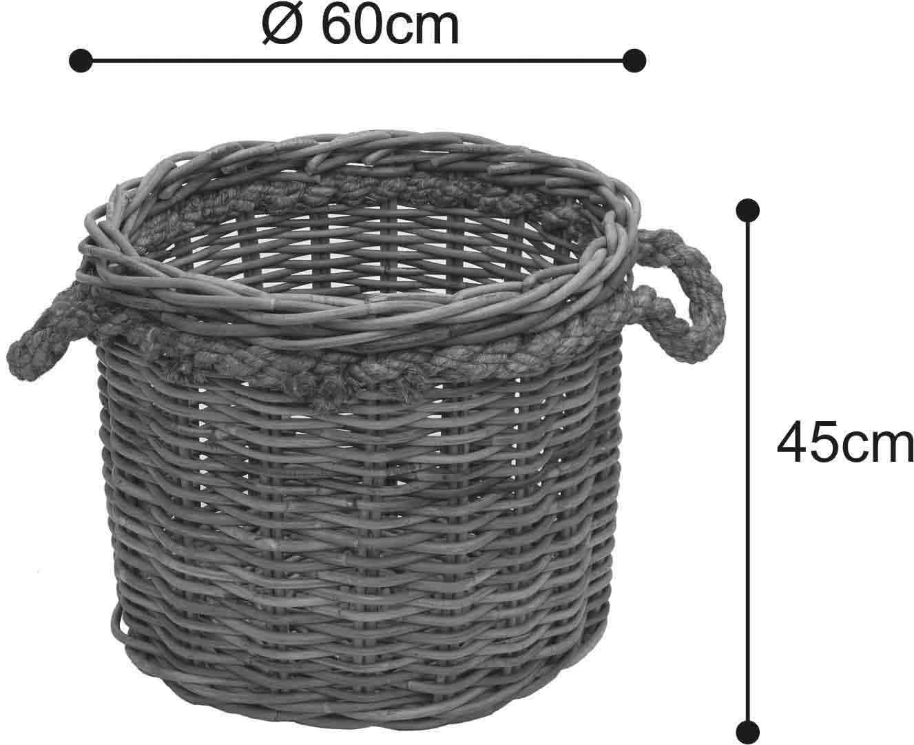 korb.outlet Duży kosz na rośliny, kosz drewniany, okrągły, szary, naturalny rattan, z krawędzią linkową/ozdobna doniczka z rattanu (XXL Ø 60 cm)