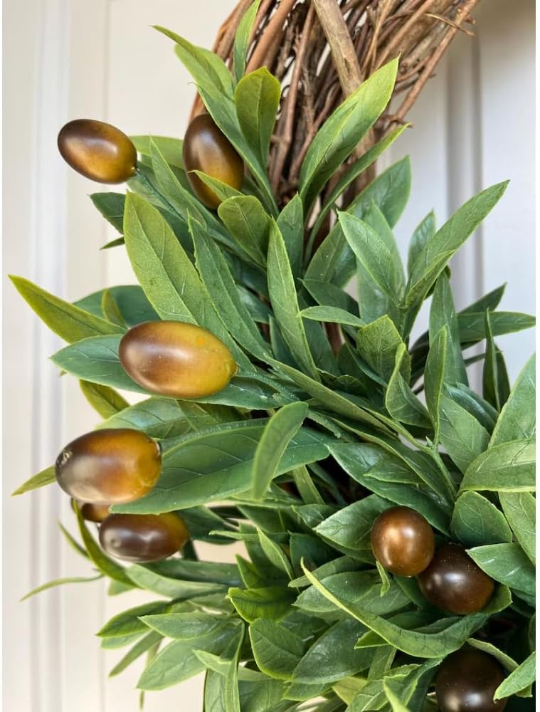 Handcrafted Olive Branch Wreath, Rustic Grapevine Wreath with Realistic Greenery, 16 Inch All Season Front Door Wreath for Indoor Outdoor Home Decor