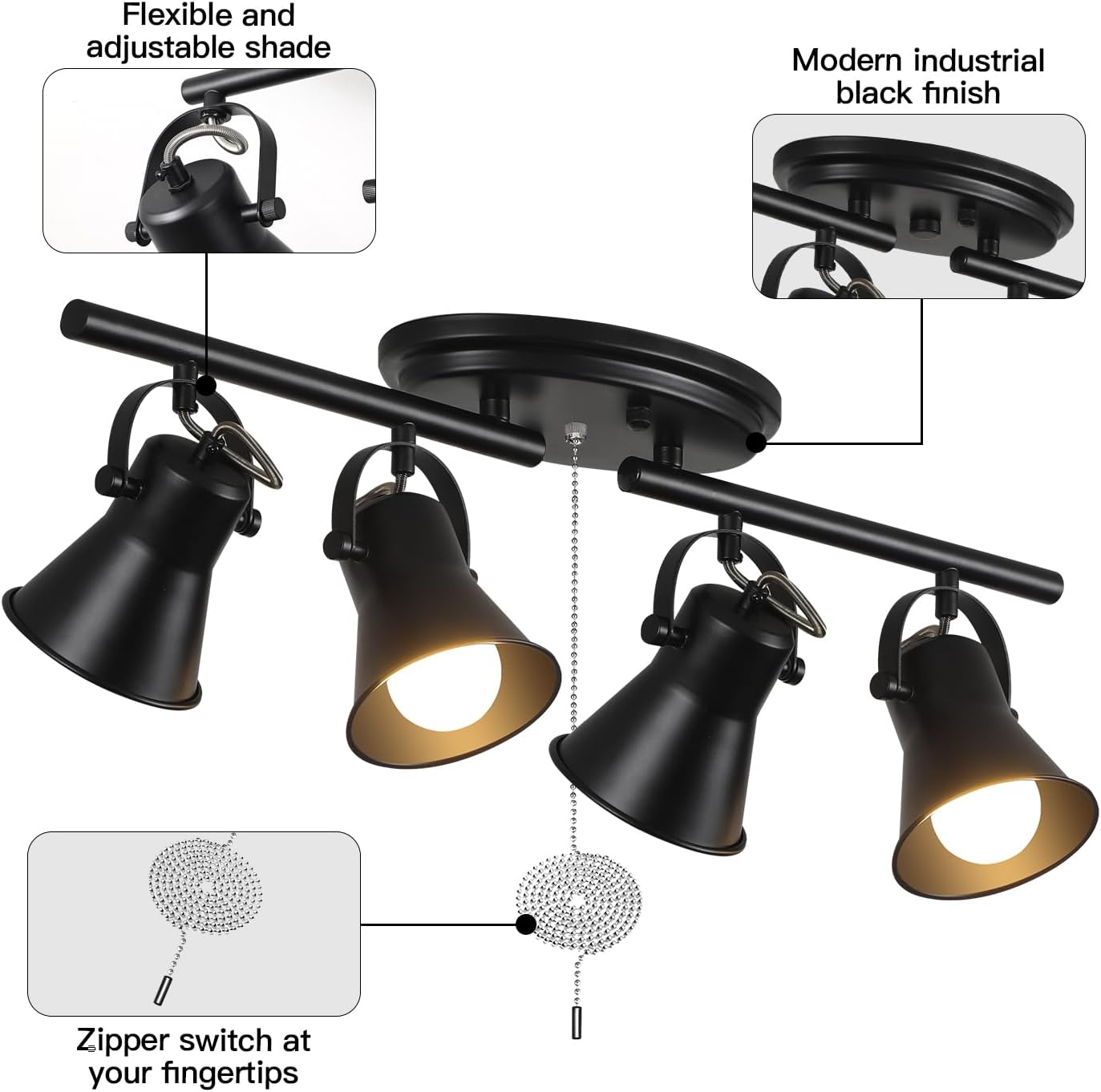 SEEBLEN 4-Light Track Lighting with Pull Chain, Black Kitchen Track Lighting Fixtures Ceiling with Flexibly Rotatable Light Heads, Pull Chain Light for Kitchen, Living Room, Dining Room, Hallway.