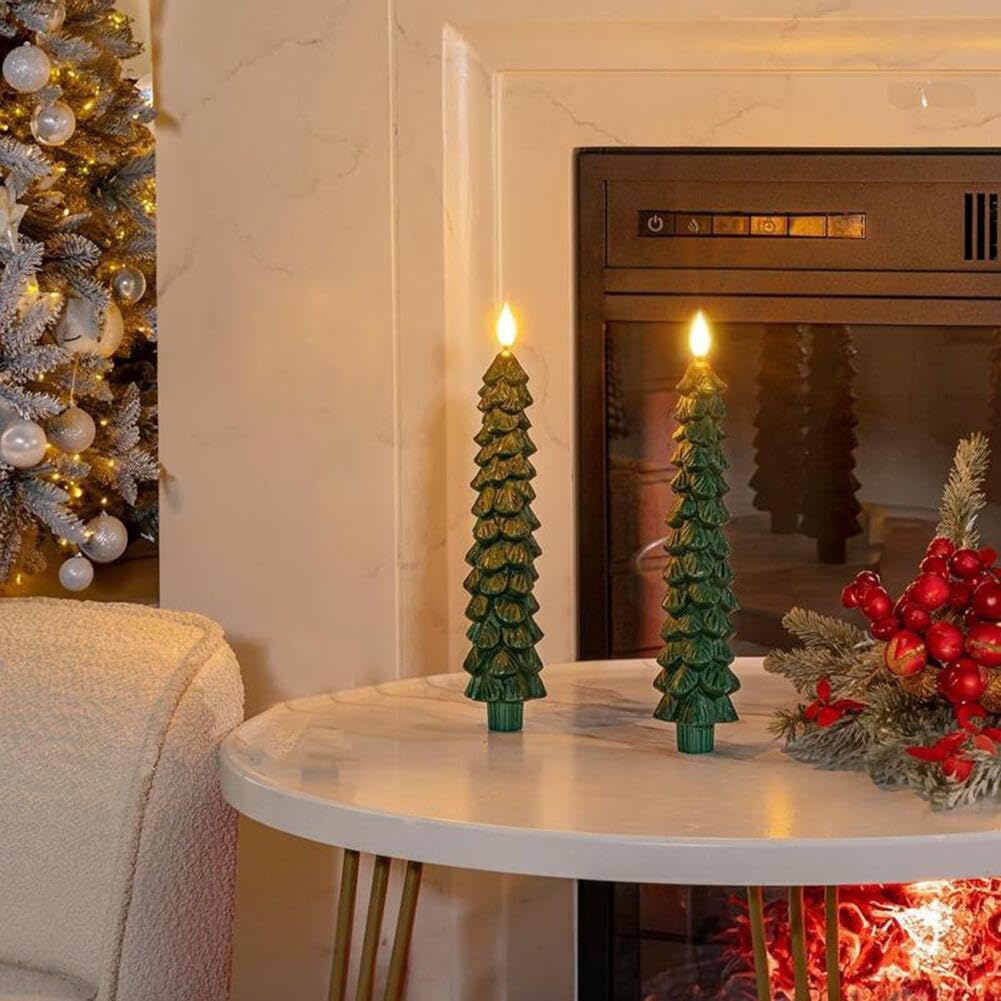 Velas cónicas sin llama con control remoto, velas LED en forma de árbol con efecto de llama parpadeante, funcionan con pilas para decoración de mesa de comedor (6)