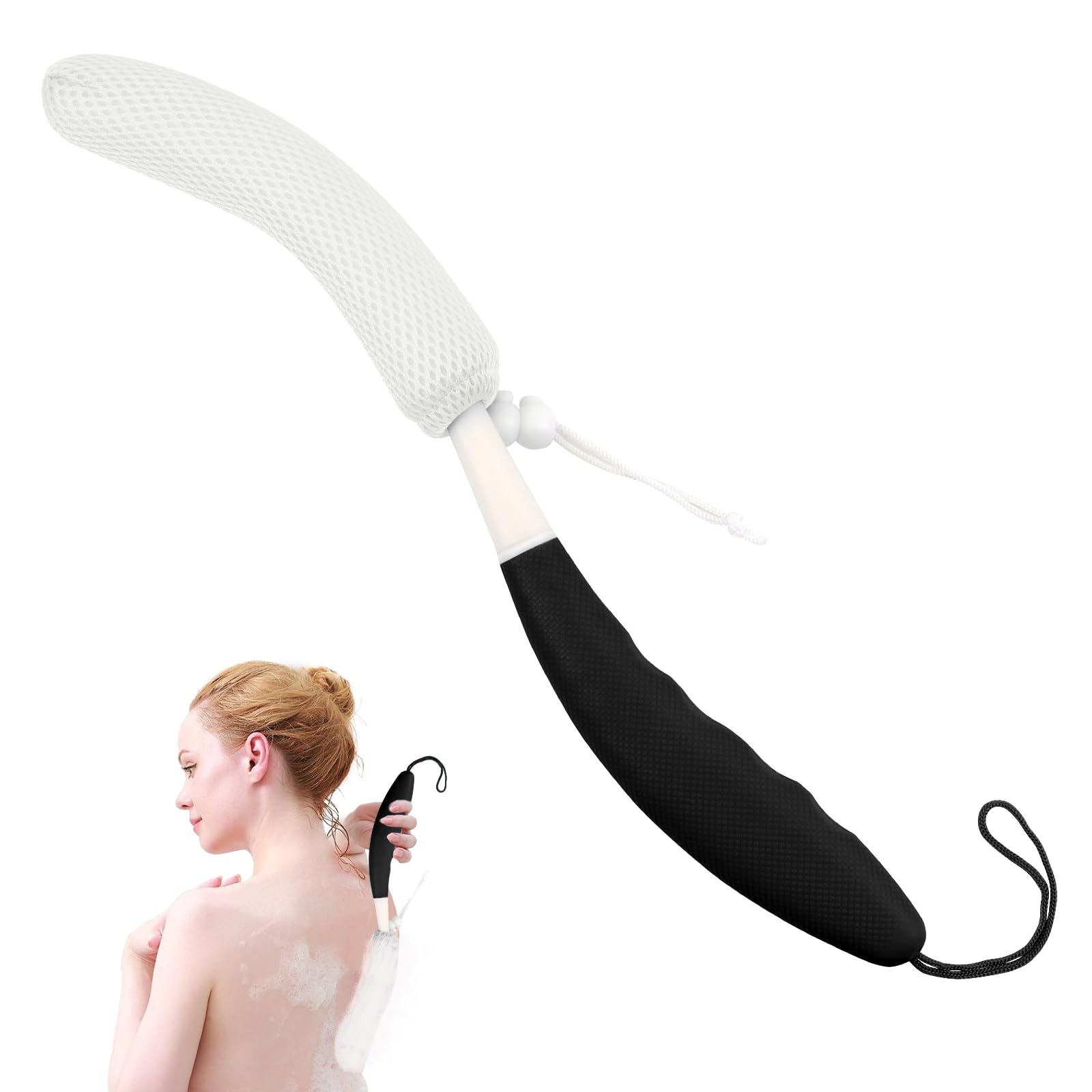 Back Bath Brush with Sponge, 15.39"Back Scrubber with Anti-Slip Long Handle