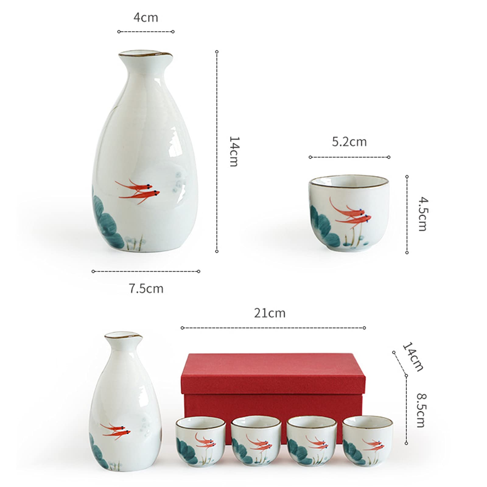 Ensemble de saké, Ensemble de Tasses à saké Japonais Traditionnel, Peint à la Main, Tasses en céramique, Verres à vin Faits à la Main, Ensemble de 5, Poisson Rouge