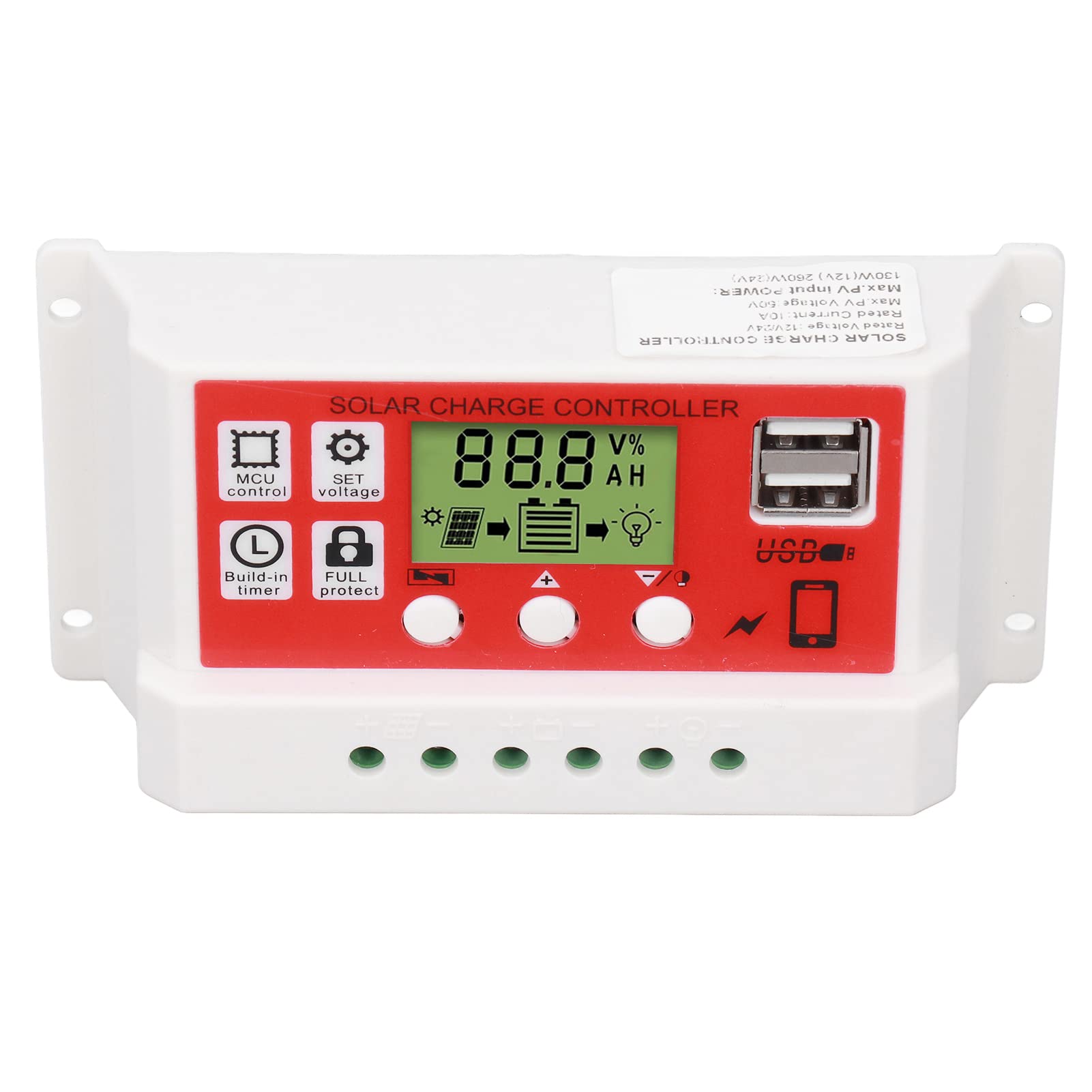 Regolatore Di Carica Solare 10A 12V/24V PWM - Con Display LCD, Per Pannelli Fino A 130W (12V) O 260W (24V)