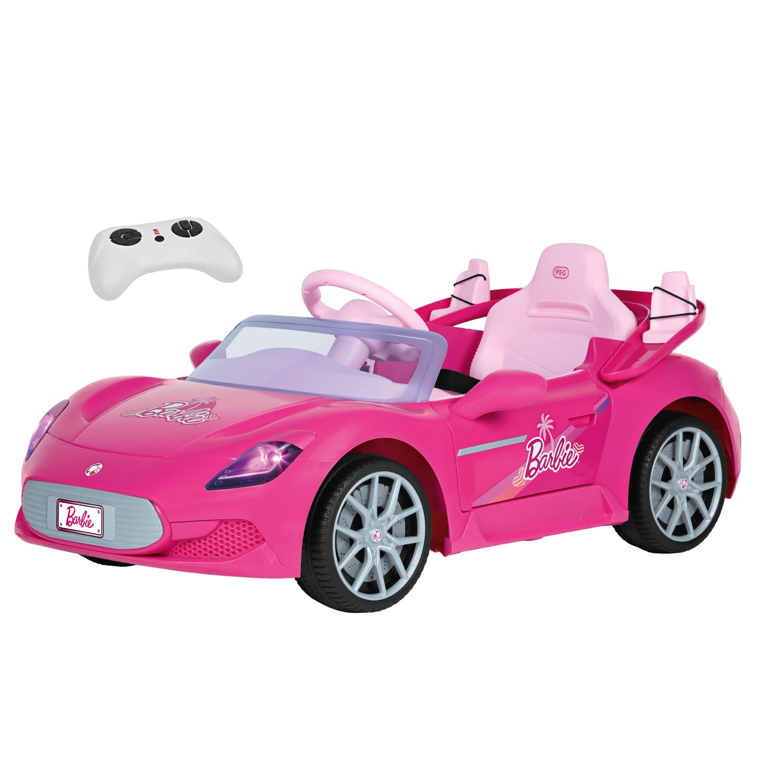 Barbie Auto Elettrica Sportiva, 12V, Rosa, con Sedile in Pelle Sintetica, Luci LED, Portiere Apribili, per Bambini