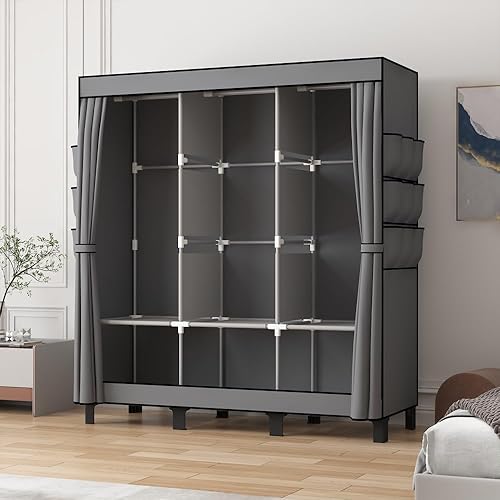 Miniatura 4 de Armario portátil, caja de almacenamiento de ropa, armario simple para colgar ropa, múltiples estantes y 3 brazos, 6 bolsillos laterales (gris)