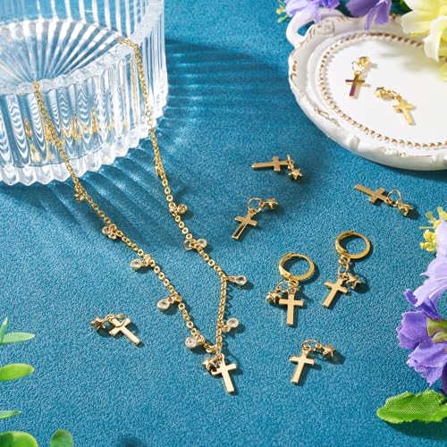 Image of 10Pcs 18K Gold Plated Cross Charms Brass Golden Crucifix with Star Pendants Permant Metal Jewelry Charms with Jump Ring for DIY Bracelet Necklace Earring Jewelry Making