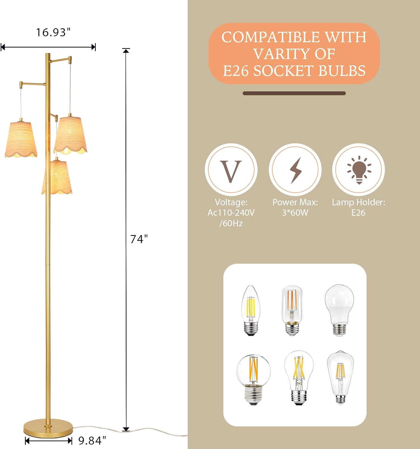Boho Rattan Floor Lamp, 3-Lights Tree Tall Standing Lamp with Flower Shades Antique Brass Brush Paint Finish for Dining Room, Living Room, Bedroom