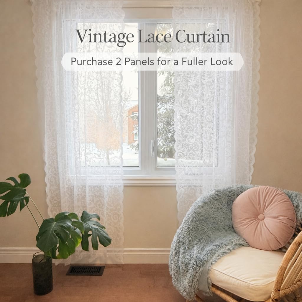 Pinelinq Vintage Lace Curtain 52 x 84 Inch White – 1 Panel Sheer Botanical Floral Window Panel with Rod Pocket – Light Filtering Farmhouse Curtain - 3