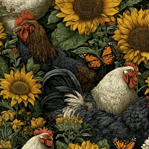 Peel and Stick Wallpaper Rustic Roosters Hens Among Sunflowers Butterflies Detailed Farmyard 17.7"x118" Contact Paper Removable Self Adhesive Wall Mural Wall Decor for Bedroom Kitchen Cabinets