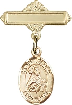 Gold Filled Baby Badge with St. William of Rochester Charm and Polished Badge Pin 1 X 5/8 inches