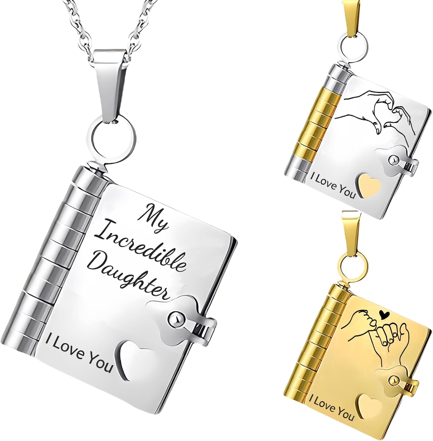 My Incredible Daughter Book Necklace for Daughter Gifts from Mom Dad, Necklaces for Women Openable with 6 Pages of Engraved Information Birthday Day Gift Graduation Jewelry for Love