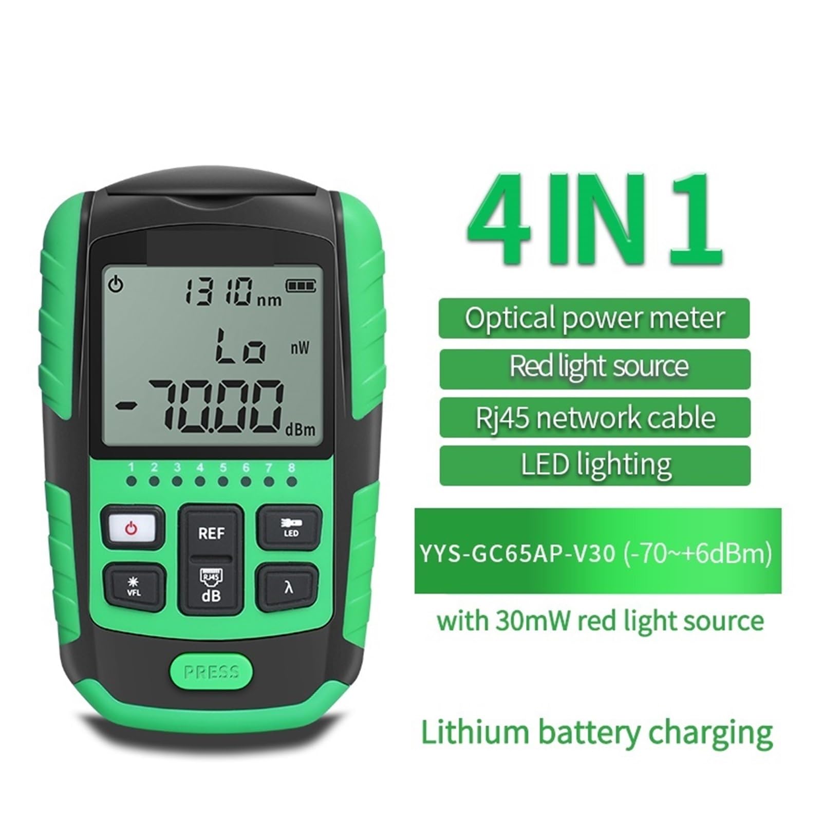 Tester per fibra ottica, Misuratore di potenza ottica 5G 10 lunghezza d'onda 4 In1, localizzatore visivo di guasti Tester for cavi di rete VFL Tester for fibre ottiche(YYS-GC65AP-V30)