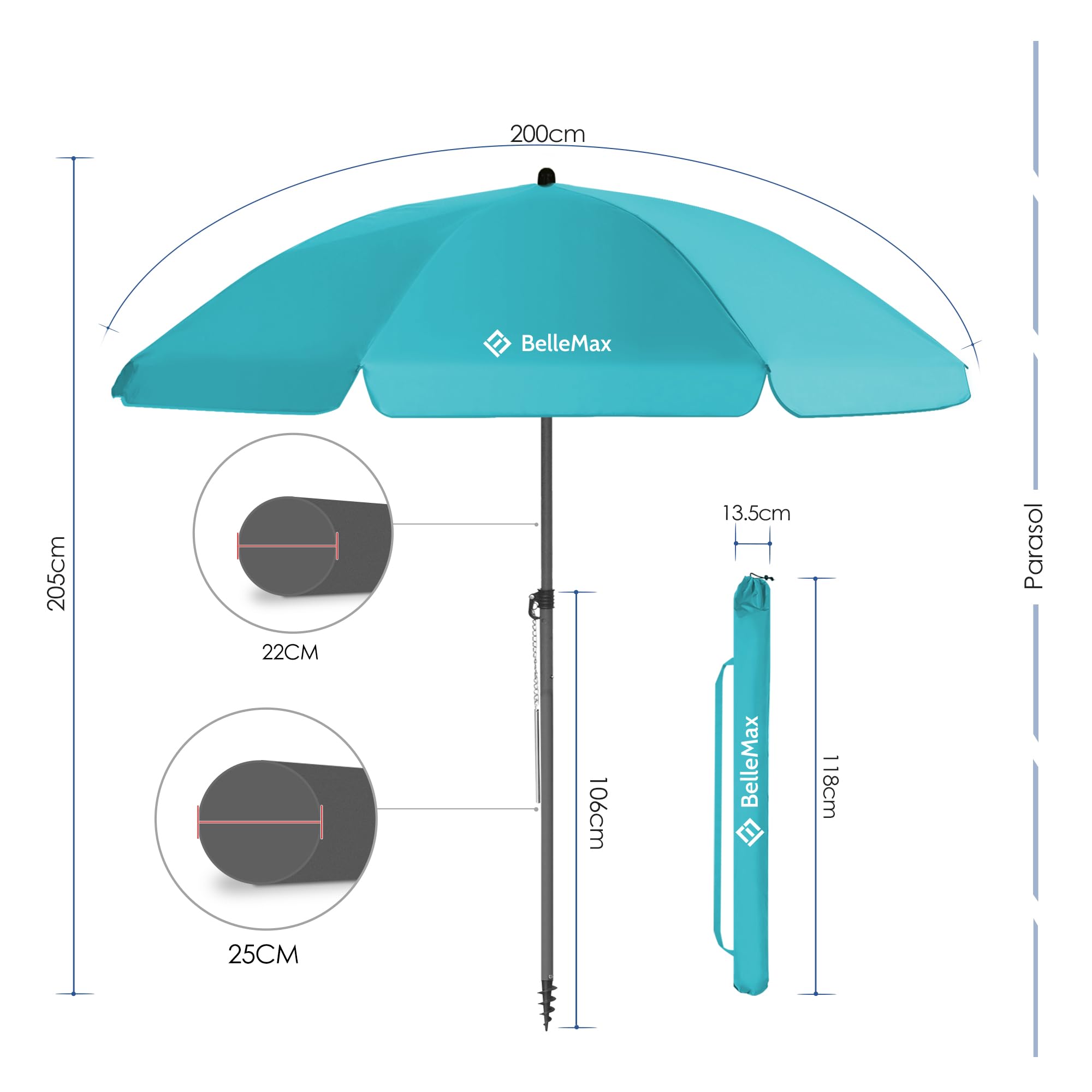 BelleMax Parasol de Plage Exterieur, avec ancre de sable 12 cm & Sac de Parasol, Inclinable sur 30°, Hauteur réglable, pour Balcon, Plage, Terrasse, Protection Solaire UV50 +