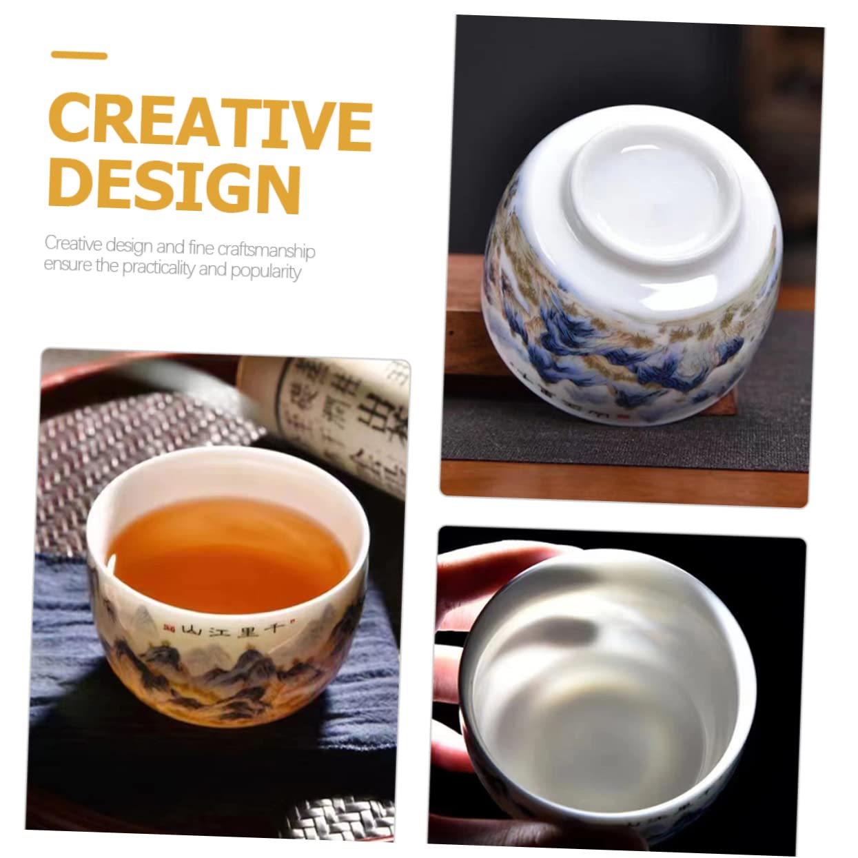 Ciieeo Taza de Cerámica Tradicional Diseño Chino Pintado a Mano, Taza de Degustación para Té Patrón de Paisaje, Uso Múltiple y Decorativa para Casa o Oficina