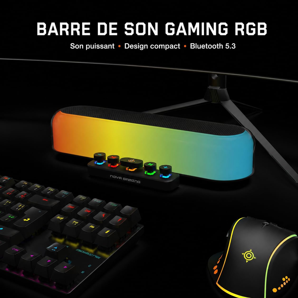Nova Gaming URSAE - Barre de Son Gaming RGB Bluetooth 5.3 Puissante et Immersive - Enceinte PC Stéréo 10W avec Design Compact Élégant - Connexion USB, Jack, Micro-SD