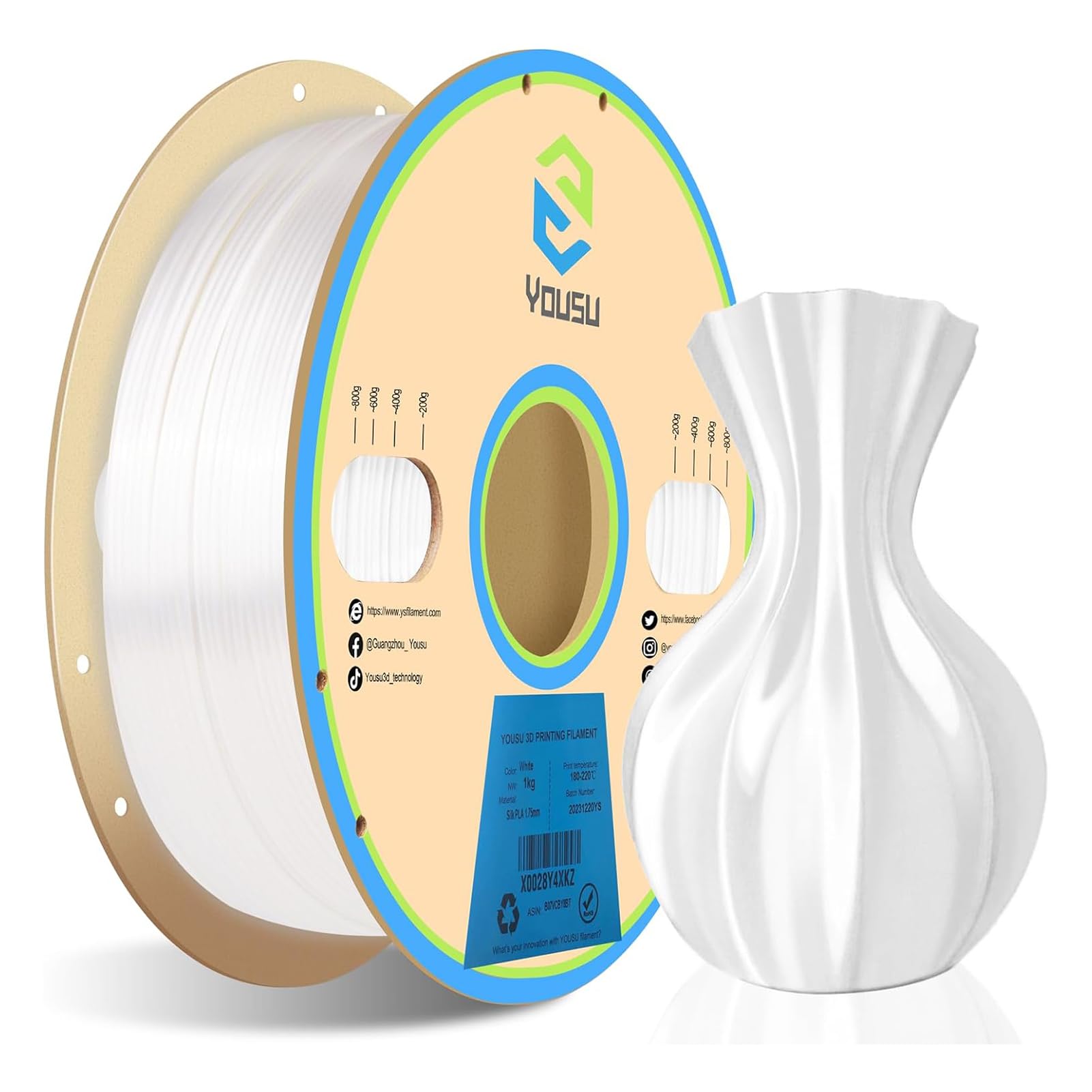 Filamento PLA de Seda Dorada YOUSU para Impresora 3D de 1,75 Mm - Efecto Metálico para Figuras - Buena Adherencia la Mayoría las Impresoras 3D FDM Bobina 1 Kg (blanco)
