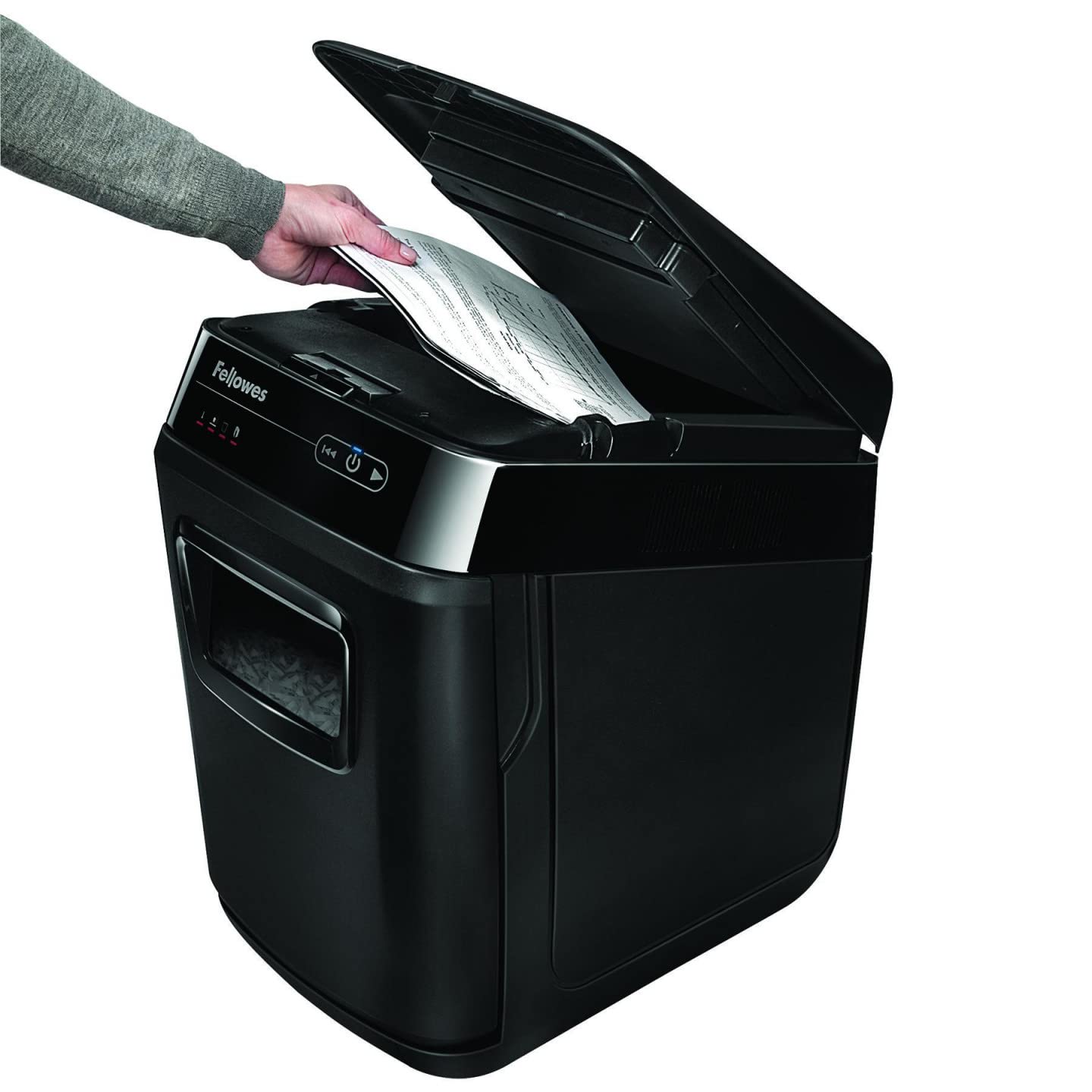 Fellowes Destructeur de Documents Automatique AutoMax 150C, Coupe Croisée, Sécurité DIN P-4, 150 Feuilles, Corbeille 32L, Professionnel, Auto Reverse, Silencieux, Mise en Veille Automatique, 4680101