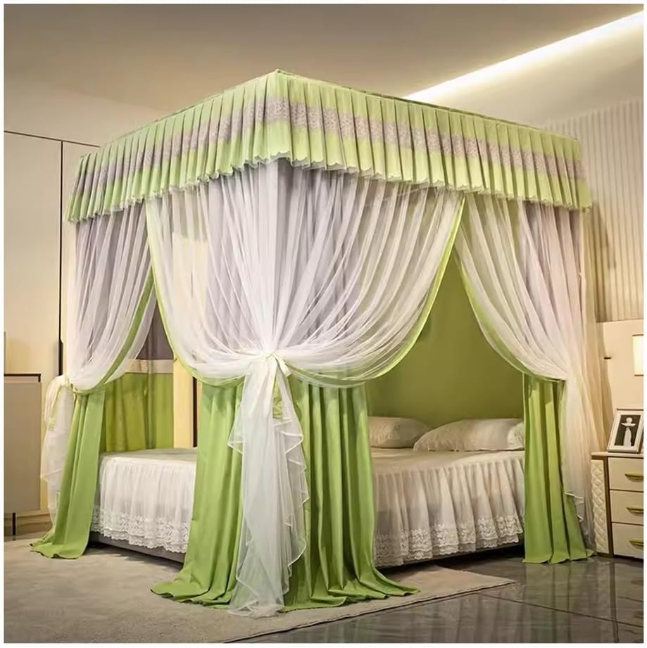 Fabric Bed Drapes Mesh Protection Canopy Shielding Netting,2-in-1 Green Bed Canopy Mosquito net, Windproof Lightproof Twin Queen King Bed Curtain for Home Bedroom Decoration (Color : Double