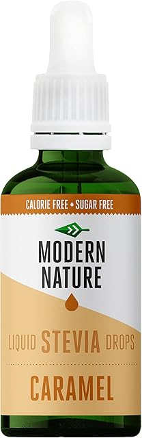 Modern Nature Liquid Stevia Drops Sweetener - Caramel Flavour Drops - Zero Calorie Sugar Free Coffee Syrup Substitute - Flavoured Coffee, Protein Powder, Greek Yoghurt, Tea  Vegan, Keto Sweetner 50ml
