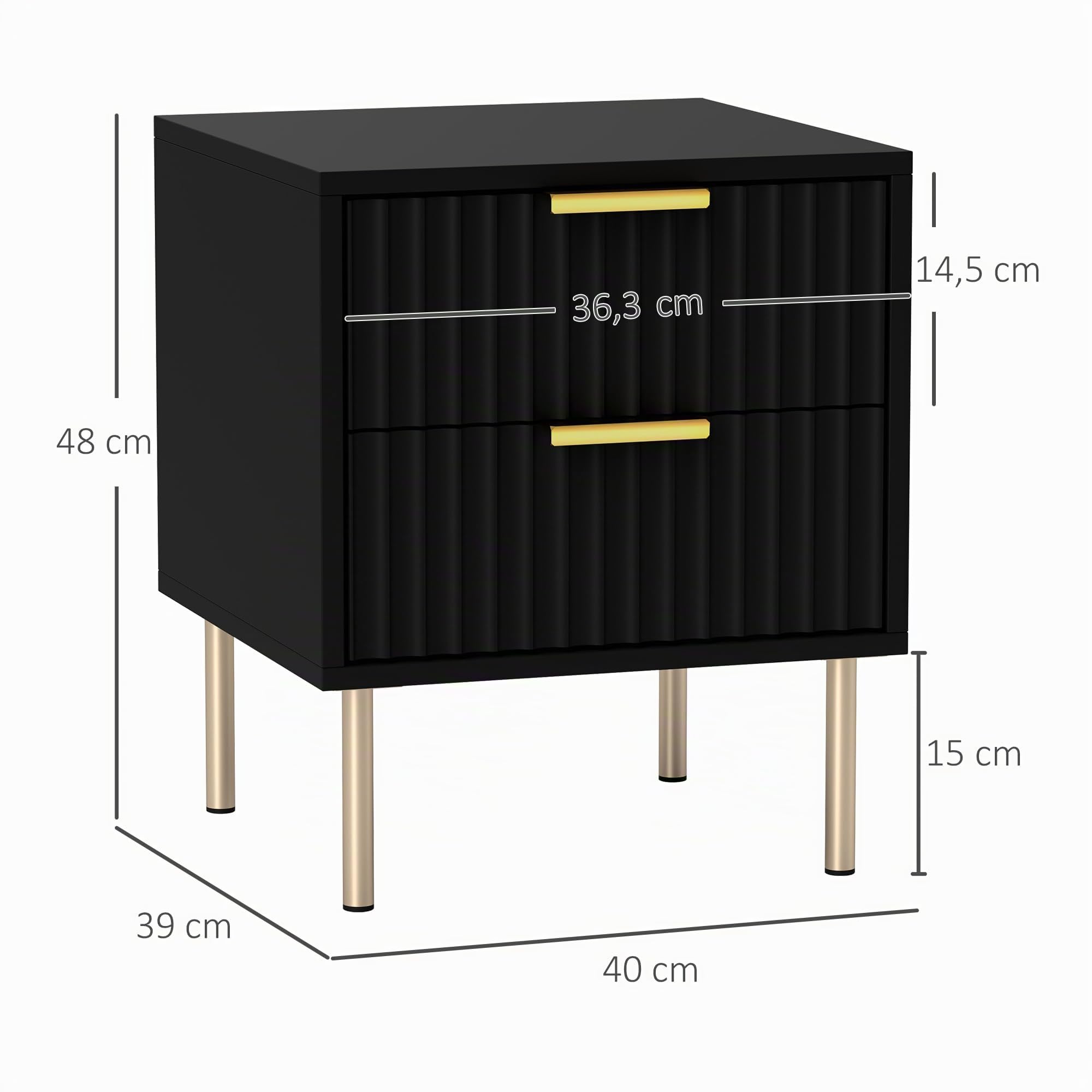 HOMCOM Table de Chevet Cannelée 2 Tiroirs Pieds Acier 40 x 39 x 48 cm Noir