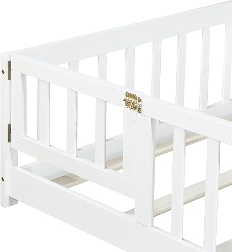 Miniatura 84 de Harper & Bright Designs Cama de suelo tamaño Queen con valla y puerta, marco de cama Montessori de madera para niños, niñas, listones incluidos, no