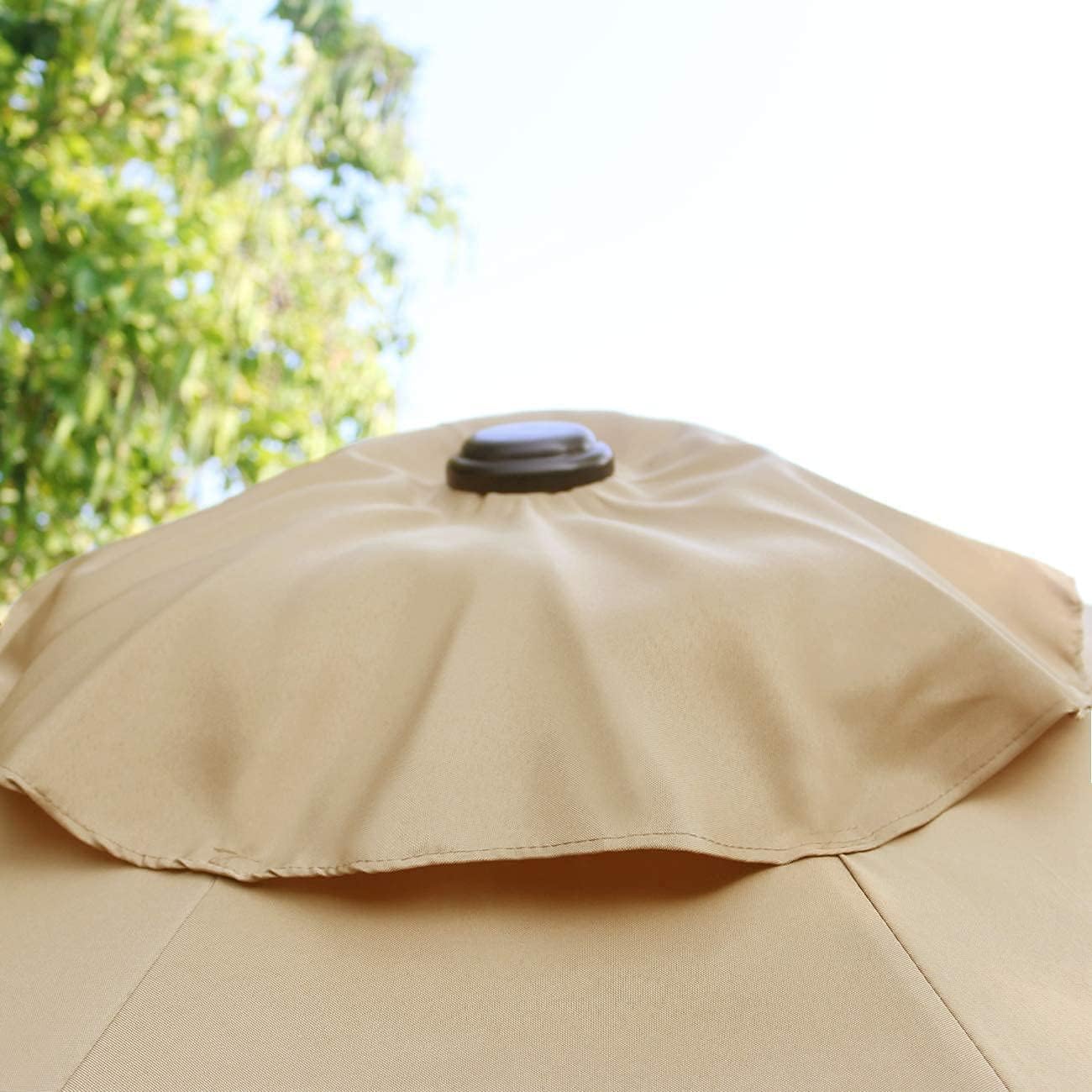 Sunnyglade 9' Patio Umbrella Outdoor Table Umbrella with 8 Sturdy Ribs (Tan) | 18" 26.5-lbs Heavy Duty Round Antiqued Umbrella Base, Bronze
