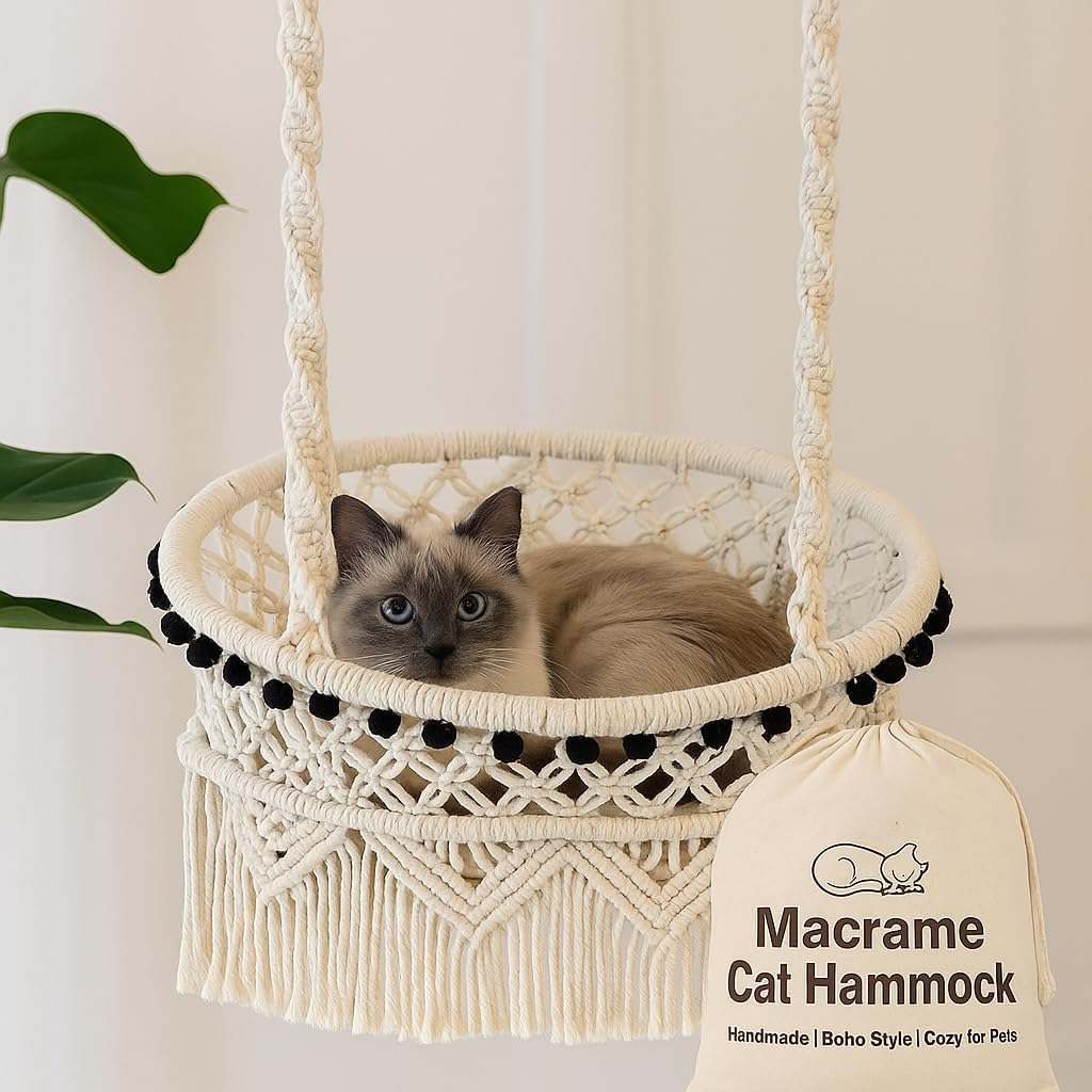 KARCEEY Cat Macrame Hammock for Large Cats,Hanging Cat Bed with Catnip Scratching Mat for Window Perch Wall Mounted Indoor/Outdoor 20"L x 18"W x 60"H