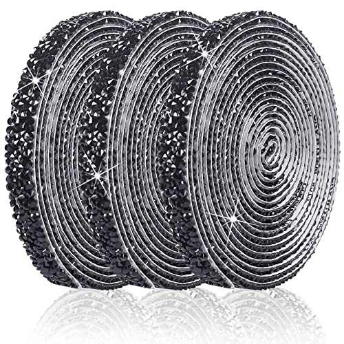 3 Pack Self Adhesive Rhinestone Strips, 9 Yards 10mm Resin Rhinestone Ribbon Gliter Strips Sticker Rhinestones Tape for Crafts, Mirror, Wardrobe, Kitchen, Bathroom Decoration (Black)