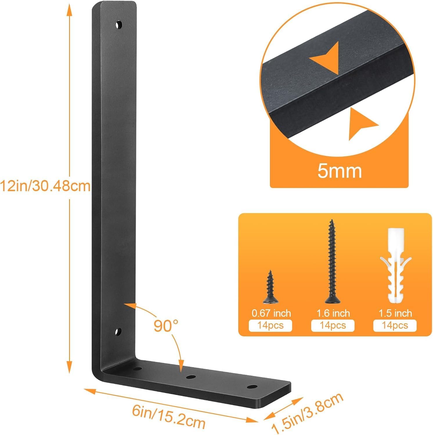 Floating Shelf Bracket 12 Inch, 6 Pack Heavy Duty Shelf Brackets, Black Wall Shelf Bracket for DIY Decorative with Mounting Hardware