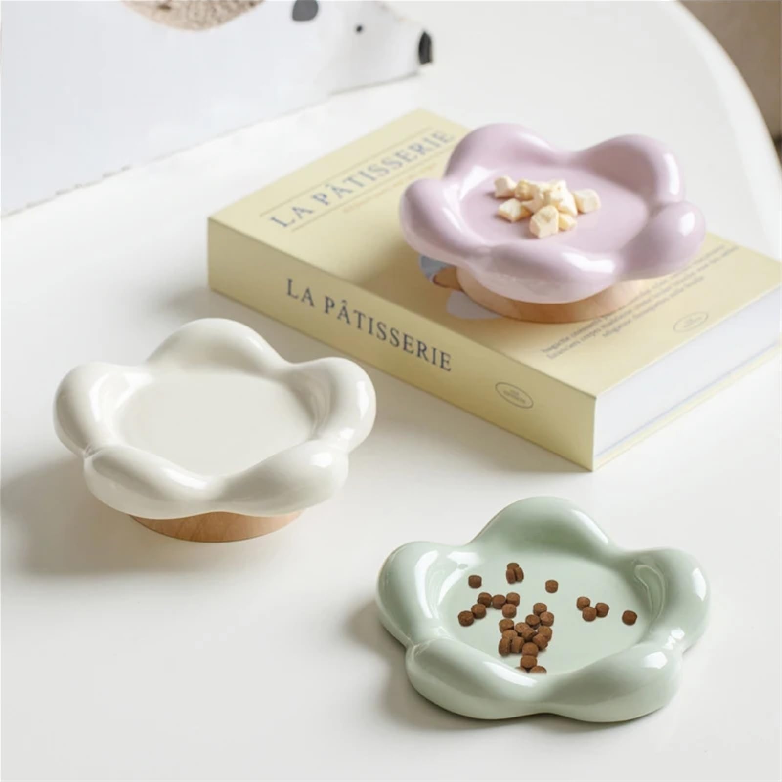 Ciotola rialzata for animali in ceramica con supporto in legno - Elegante ciotola for cibo e acqua for gatti, cuccioli cani di piccola taglia(Purple with stand)