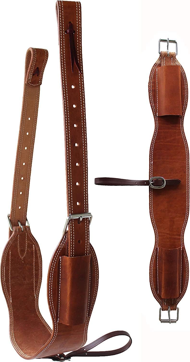 Western Leather Cinch Billets and Back Girth Strap Adjustable Saddle Flank Cinch with Stainless Steel Buckle Durable Horse Riding Tack