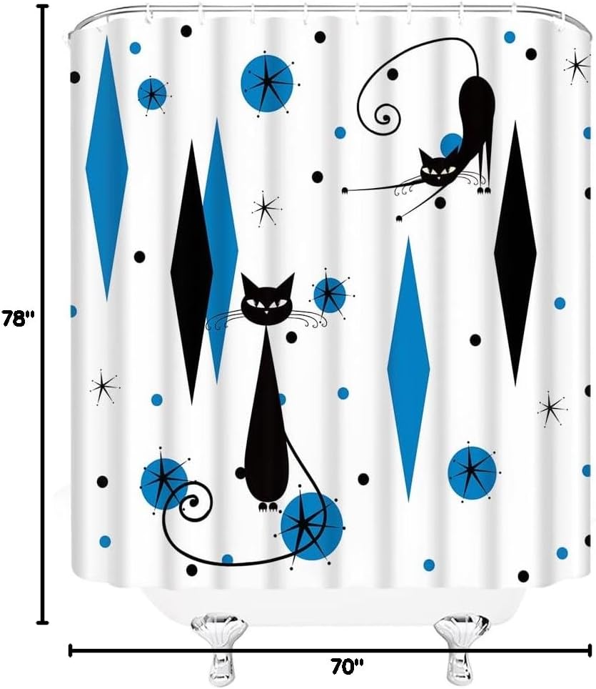 GCTNBJL Mid Century Shower Curtain Cat Starbursts ​Atomic Stars Modern ​Abstract Blue Black Geometric Iconic Retro Pattern Kitty Animal 1950s 1960s Vintage Bathroom Decor Fabric Curtain with Hooks