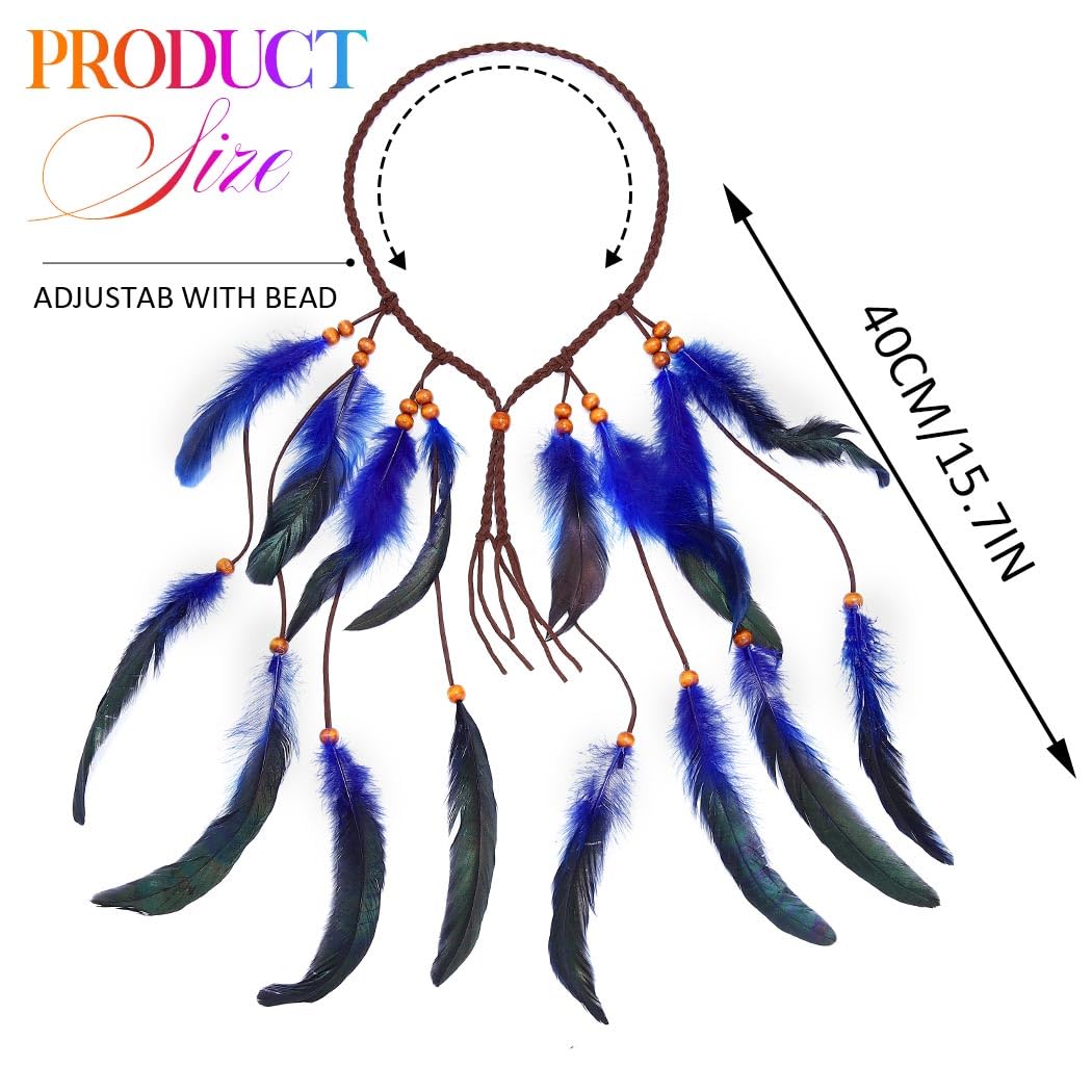 GORTIN Boho Feather Headband Indian Hippie Headpiece Festival Feather Hair Accessories for Women (Blue, Free size) image 4
