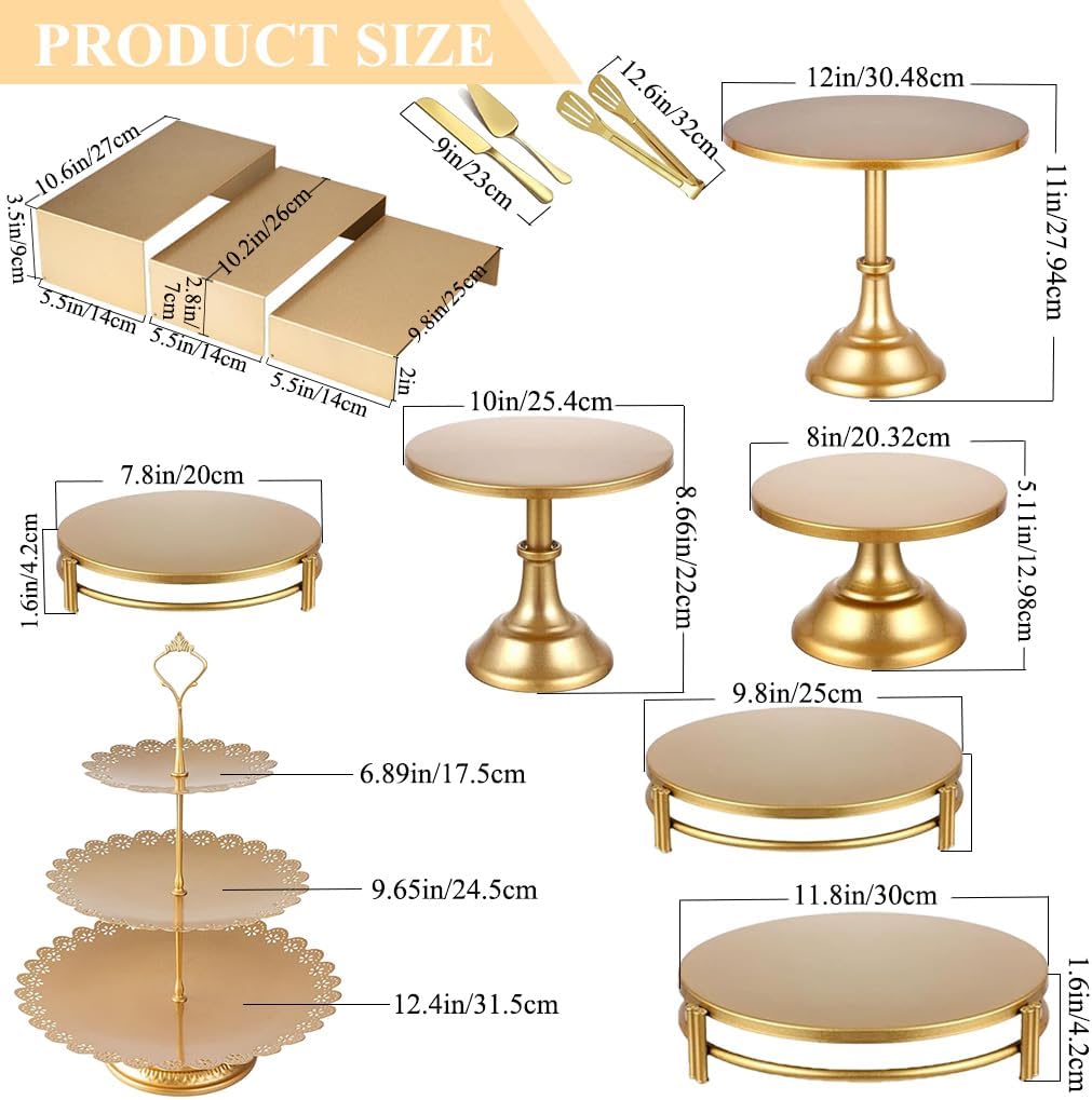 13PCS Gold Cake Stand Set, Metal Dessert Table Display Set with Cupcake Stand, Cake Displays Stands, Cake Cutting and Server Tong Set for Wedding Party Birthday Baby Shower Celebration