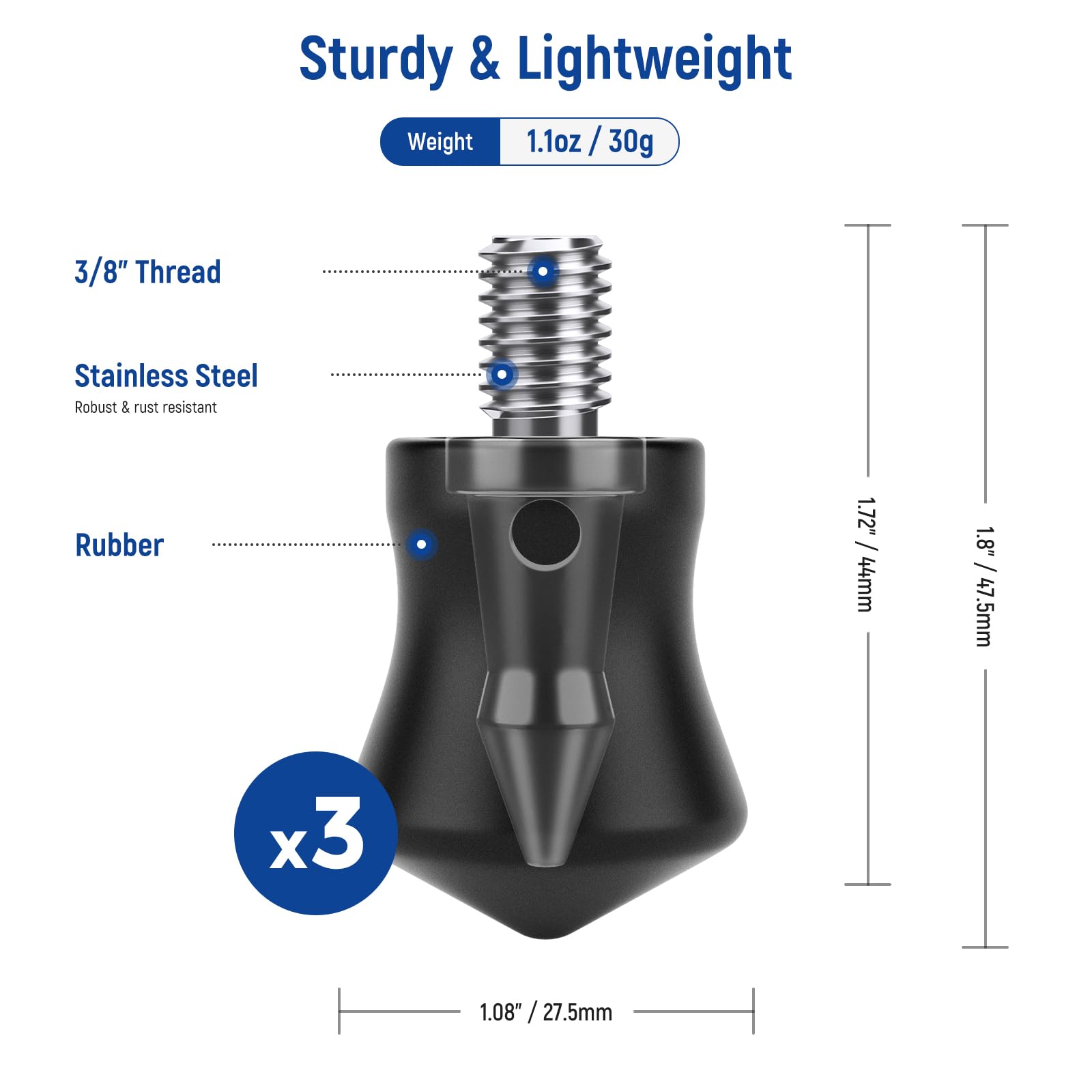 3/8" Stainless Steel Spike Rubber Foot For Gitzo Monopod And Tripod