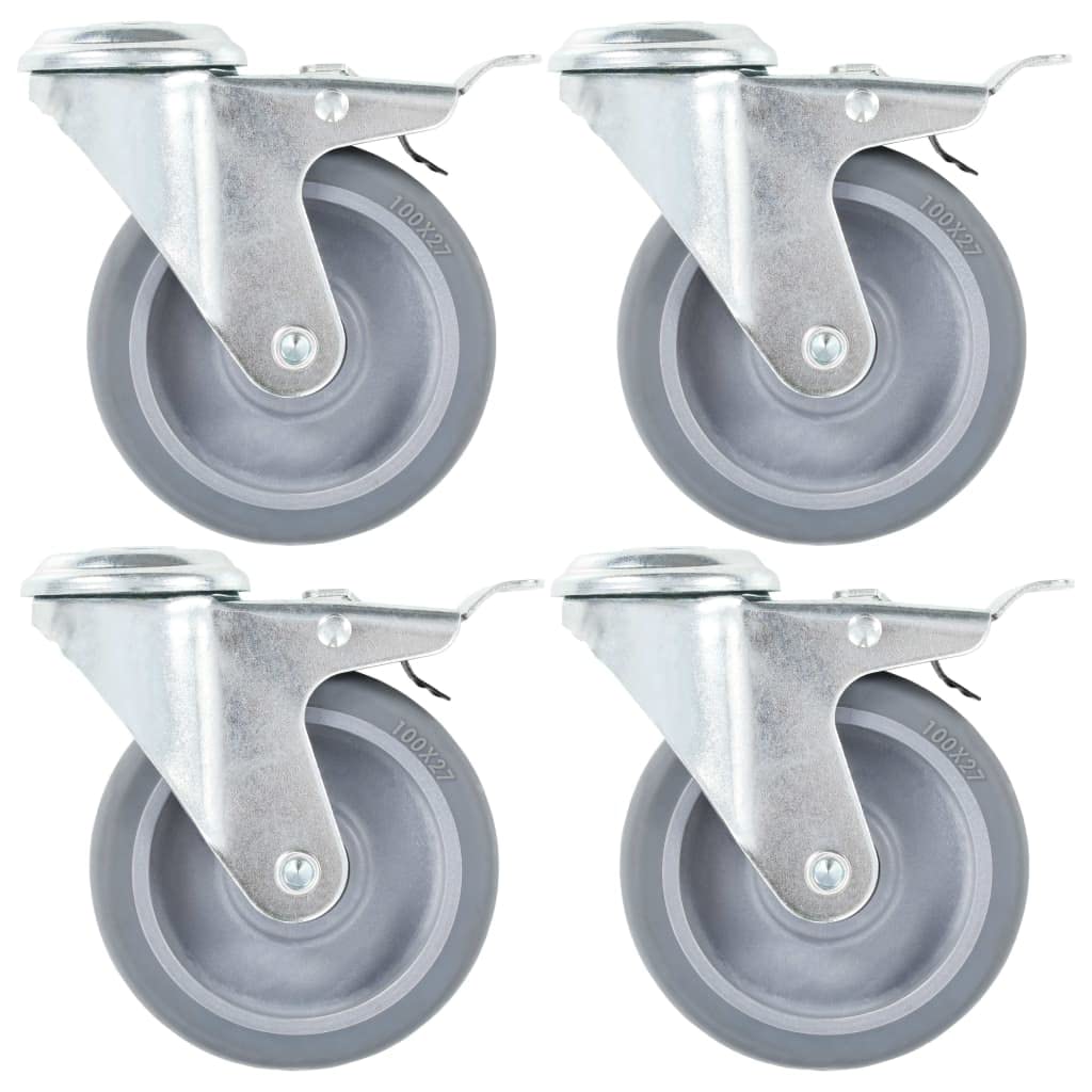 Ruedas giratorias con orificio para perno y frenos dobles, 4 unidades, 100 mm TPR gris, agujero trasero M12, 60 kg por rollo, para banco de trabajo, carro, soporte para plantas, muebles y