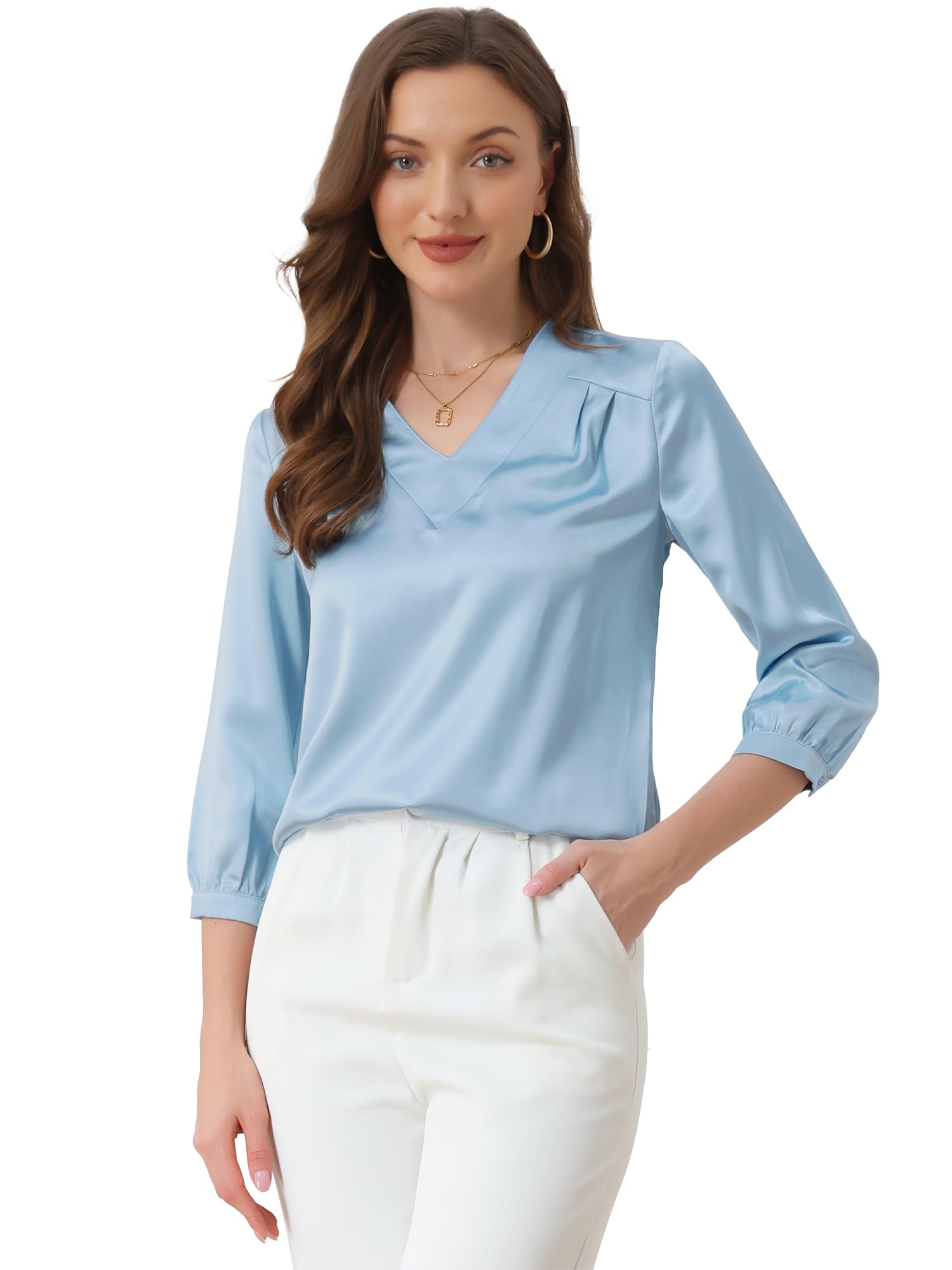 Allegra K Blusa de satén para Mujer Camisas Informales sólidas con Cuello en V de Manga 3/4