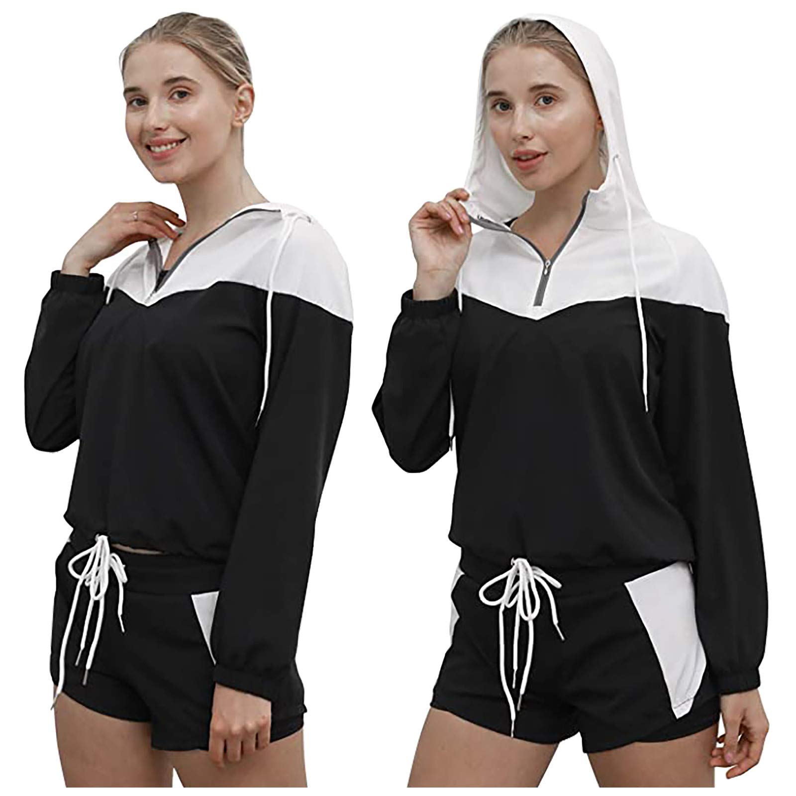 Tuta da jogging da donna, set da 5 pezzi, per allenamento, palestra, fitness, abbigliamento da corsa, abbigliamento sportivo, a maniche lunghe, da yoga, con cappuccio